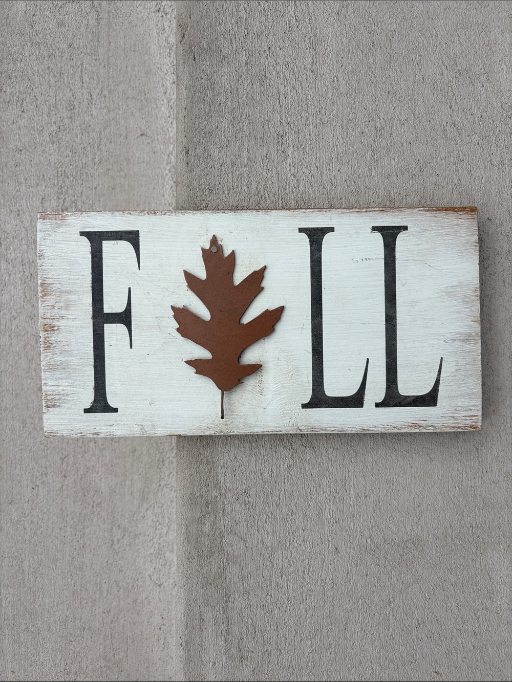 Rustic White Wood FALL Wall Sign with Brown Leaf Accent